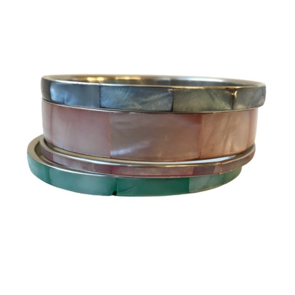 Vintage Shell Inlay Silver Boho Bangle Bracelets - Picture 14 of 16